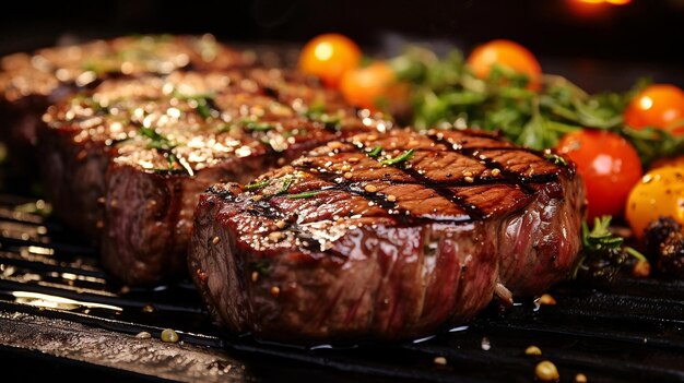 Foto close-up van gegrilde vlees met groenten op barbecue grill met rook