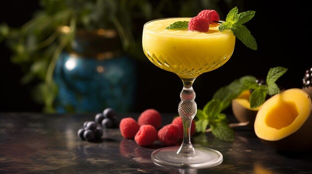 Close-up van gele cocktail met fruit