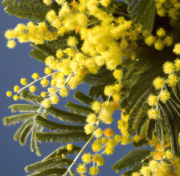 Foto close-up van gele mimosa bloemen over groene bladeren gemaakt met behulp van generatieve ai-technologie