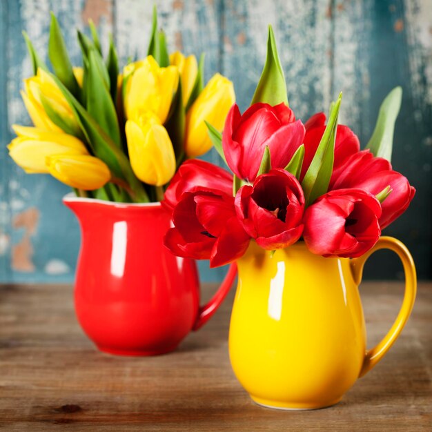 Foto close-up van gele tulpen in een vaas op tafel