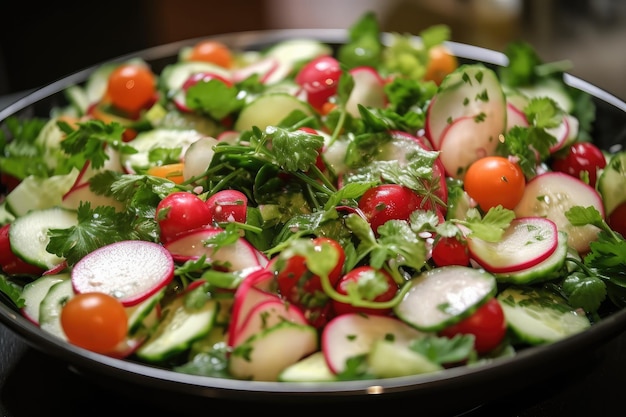 Foto close-up van gemengde salade met radijs, tomaten, komkommer en kruiden