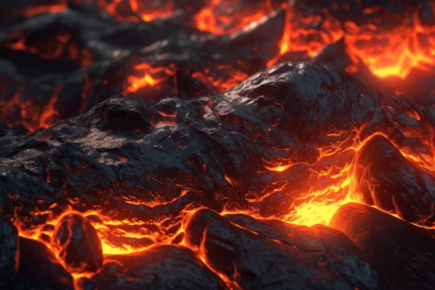Close-up van gesmolten lava met vurige gloed gecreëerd met generatieve ai