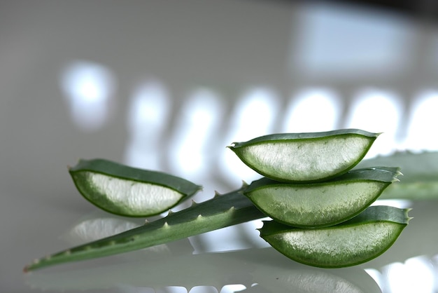 Close-up van gesneden aloë vera planten op een witte tafel met zonlicht uit het raam dat erin reflecteert