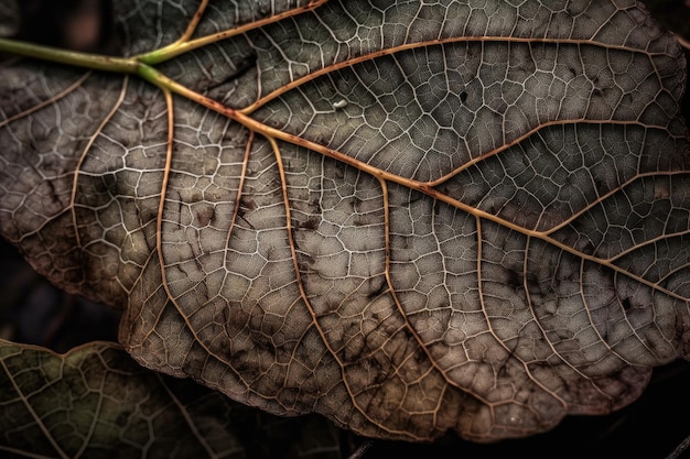 Close-up van gevallen blad met ingewikkelde nerven en textuur gemaakt met generatieve ai