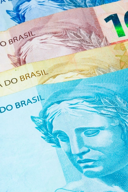 Close-up van gevarieerde waarden van Braziliaans geld Economie van Brazilië concept afbeelding