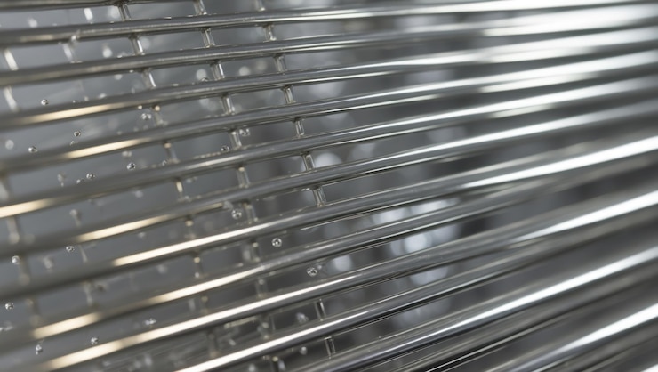 Foto close-up van glanzende metalen lijnen die een moderne reflectieve textuur creëren