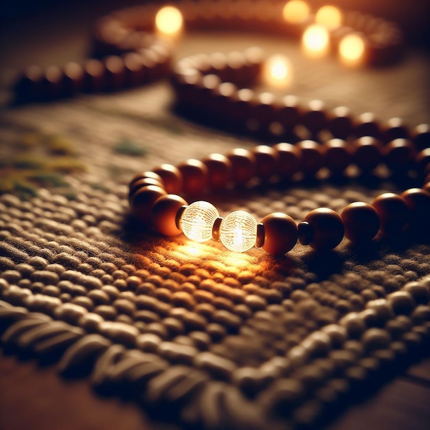Close-up van gloeiende gebedskralen op een gestructureerde mat met zacht licht voor een warme gebedsruimte