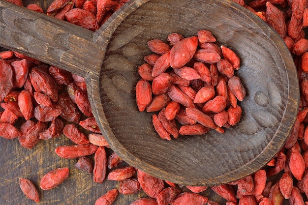 Close-up van goji bessen op een houten lepel