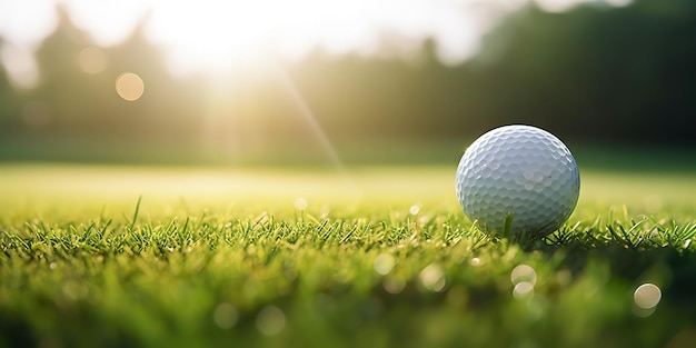 Close-up van golfbal op groen gras van golfbaan zonnige dag wazig achtergrond Generatieve AI