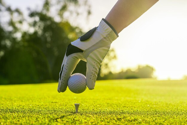 Foto close-up van golfer met handschoen die golfbal op de tee plaatst op de golfbaan