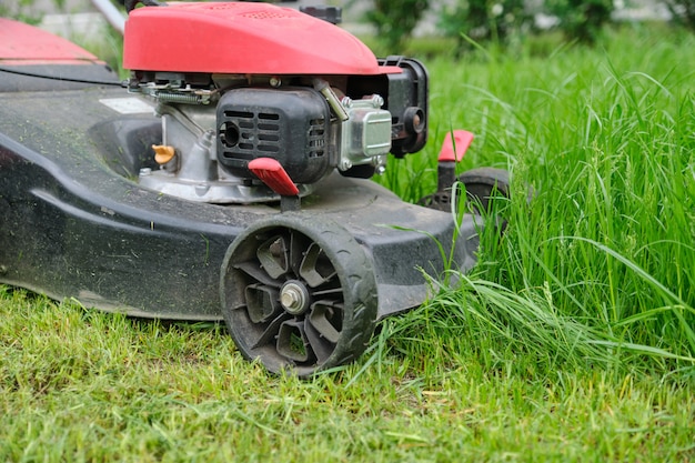 Close-up van grasmaaimachine die groen gras, stadsbinnenplaats maaien