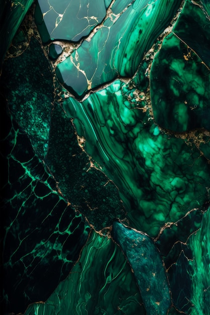 Close-up van groen en goud gemarmerd oppervlak met zwarte achtergrond Generatieve AI