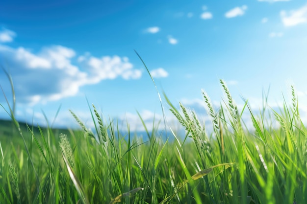 Close-up van groen grasveld en blauwe lucht met witte wolken Natuur achtergrond
