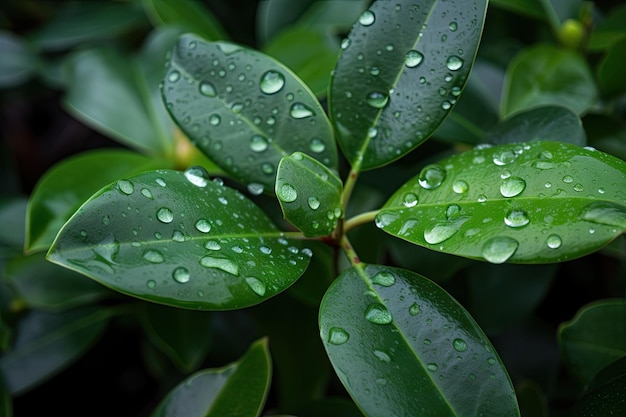 Close-up van groene bladeren met druppels dauw