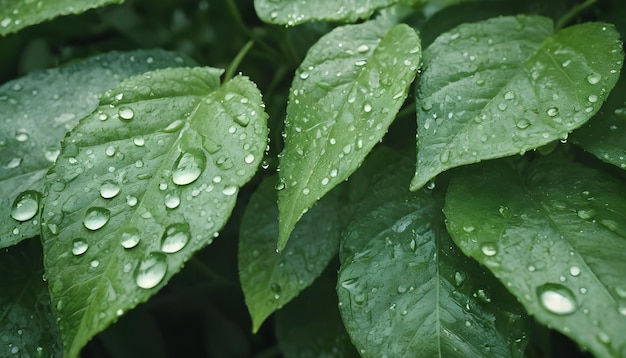 Close-up van groene bladeren met waterdruppels erop