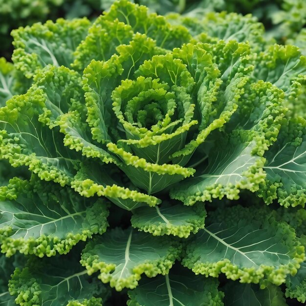 Close-up van groene krullende boerenkoolplant in een groentetuin