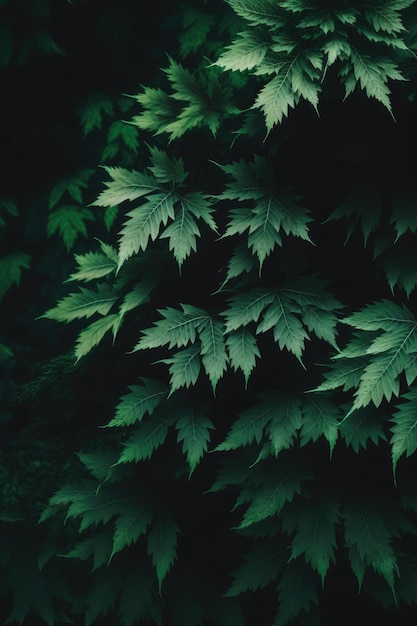 Close-up van groene planten bladeren op zwarte achtergrond gemaakt met behulp van generatieve AI-technologie