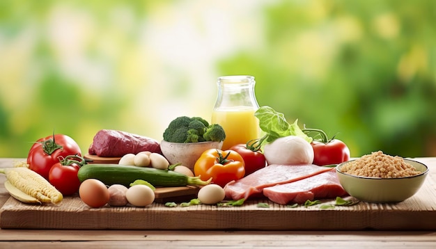 Close-up van groenten fruit en vlees op houten tafel over groene natuurlijke achtergrond Generatieve AI