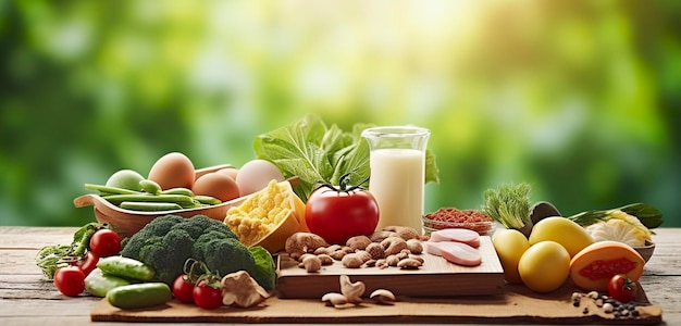 Close-up van groenten, fruit en vlees op houten tafel over groene natuurlijke achtergrond Generatieve AI