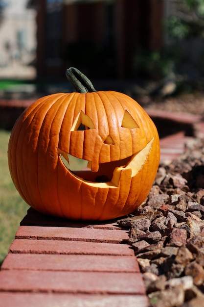 close-up van grote halloween-pompoen in huistuin