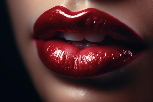 Close-up van grote sensuele lippen van blanke vrouw en rijke rode lippenstift Schoonheid vrouwelijke cosmetica make-up Generatieve AI