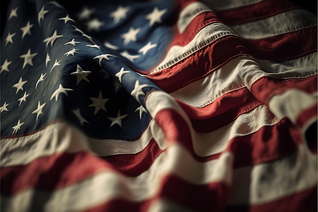 Close-up van grunge Amerikaanse vlag wappert in de wind