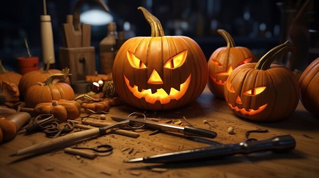 Close-up van Halloween Jack o' Lanterns en Carving Tool