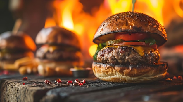 Foto close-up van hamburgers, de een na de ander in een donkere achtergrond. generatieve ai