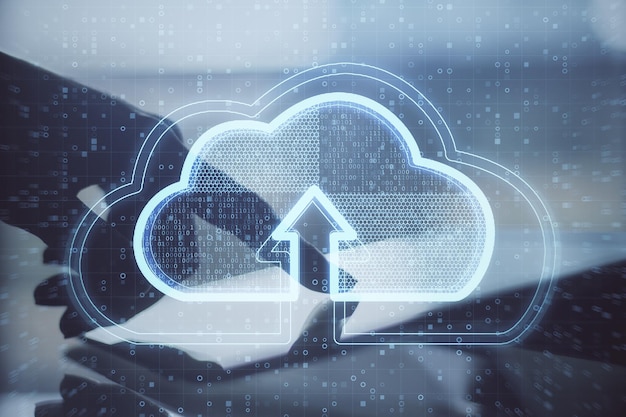 Close-up van hand wijzend naar tablet met creatieve gloeiende wolken hologram op wazige binaire code achtergrond Cloud computing en database concept Dubbele belichting