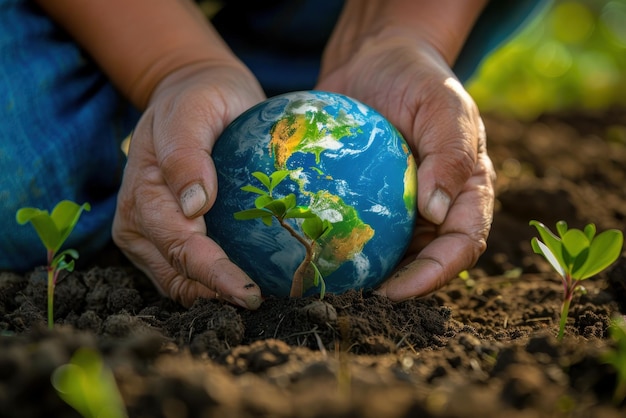 Close-up van handen die een boom planten in vruchtbare bodem een reflectie van een aardbol op de achtergrond die de wereldwijde duurzaamheid symboliseert advertentie foto