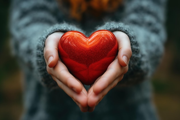 Foto close-up van handen die een levendig rood hart vasthouden dat zorg, liefde en gezondheidsbewustzijn vertegenwoordigt