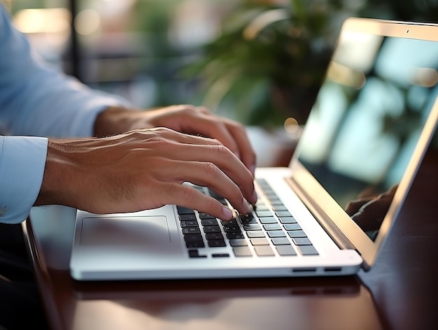 Close-up van handen die met een laptop werken