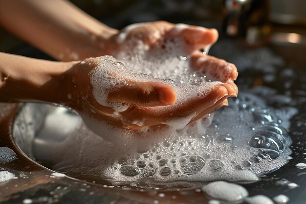 Foto close-up van handen die onder water worden gewassen met zeepbellen