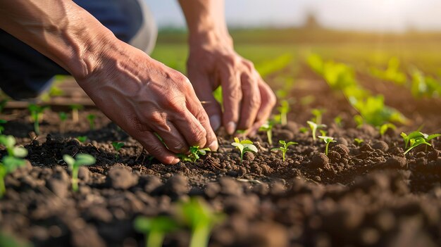 Close-up van handen die voorzichtig de jonge planten in de bodem verzorgen concept van groei en verzorging in tuinieren beeld geschikt voor milieuthema's AI