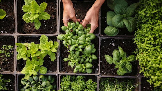 Close-up van handen die zaailingen planten in een tuin met een focus op duurzaamheid en groei