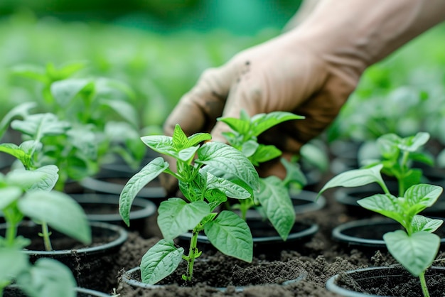 Close-up van handen die zich bezighouden met planten in potten