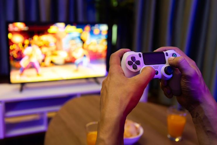 Foto close-up van handen man speler met behulp van joystick op het vechten spel scherm postuleren