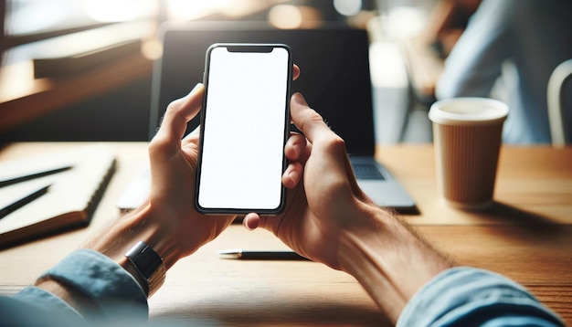 Close-up van handen met een smartphone met een leeg scherm naast een laptop op een houten bureau ideaal voor app presentatie