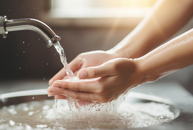 Close-up van handen wassen in water Vol bassin in tegenlicht met vrouwelijke handen