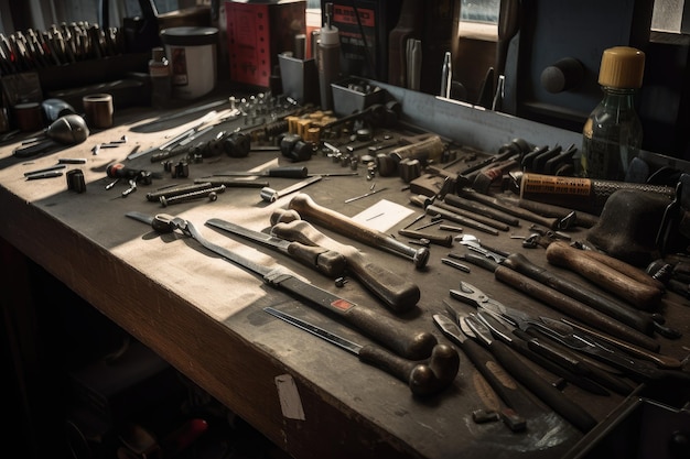 Foto close-up van handgereedschap en onderdelen op werkbank gemaakt met generatieve ai