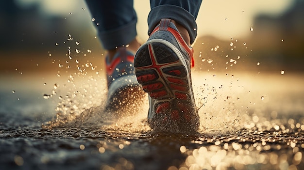 Close-up van hardloopschoenen op een natte asfaltweg in de regen