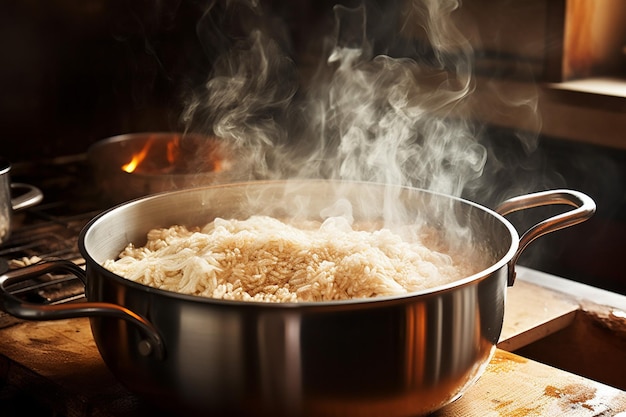 Close-up van havermeel dat in een pot wordt gekookt met stijgende stoom