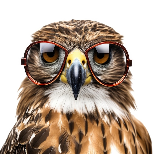 Close-up van Hawk met zonnebril op witte achtergrond