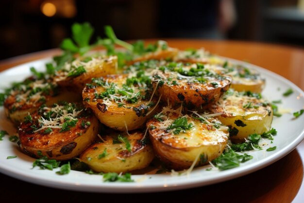 Close-up van heerlijke geroosterde knoflook parmesan aardappelen met kaas