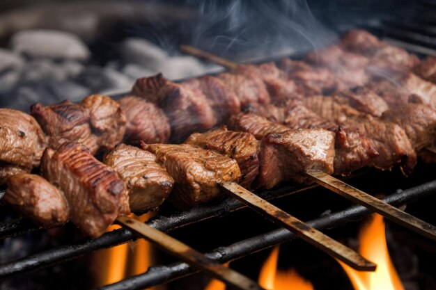 Close-up van heerlijke Kebab vlees grillen op een zinderende barbecue