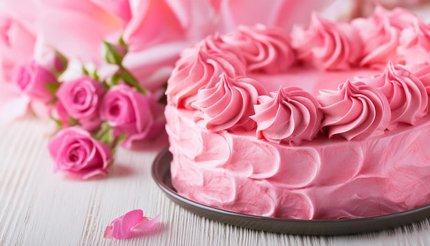 Foto close-up van heerlijke taart met roze botercrème geslagen room glazuur lekker dessert zoet eten