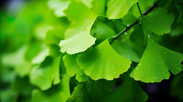 Close-up van helder natte groene bladeren van Ginkgo Generate Ai