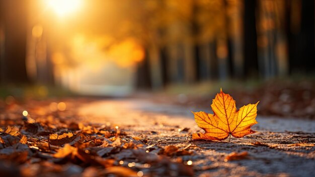 Foto close-up van herfstgebladerte op natte wegachtergrondvervaging