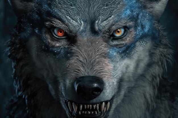 Close-up van het angstaanjagende gezicht van de weerwolf met scherpe tanden en doordringende ogen