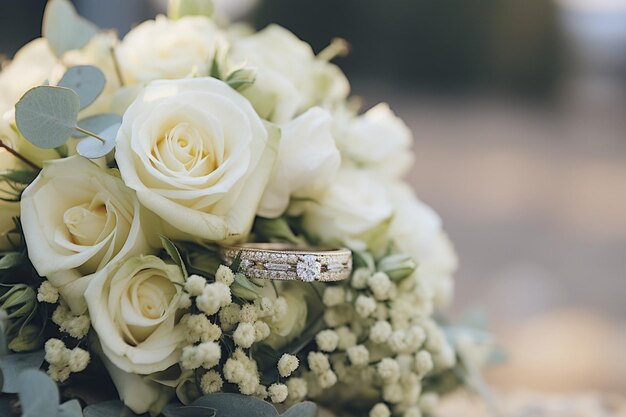 Close-up van het boeket met de verlovingsring van de bruid in focus